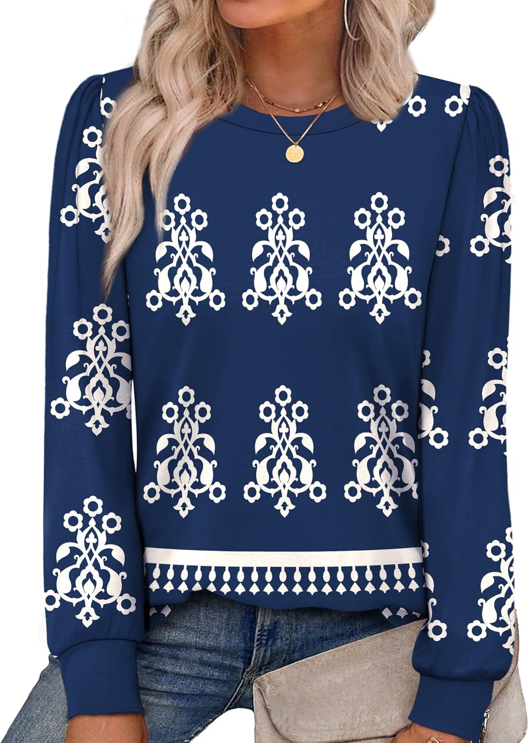 Alaroo Womens Long Sleeve Shirts 2025 Fall Tunic Tops Crewneck Blouses Print