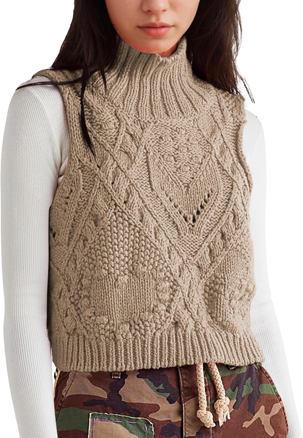 Hixiaohe Turtleneck Crochet Sweater Vest Fall Fashion Knit Sleeveless Tank Tops for Women Lightweight Casual Pullover Clothes