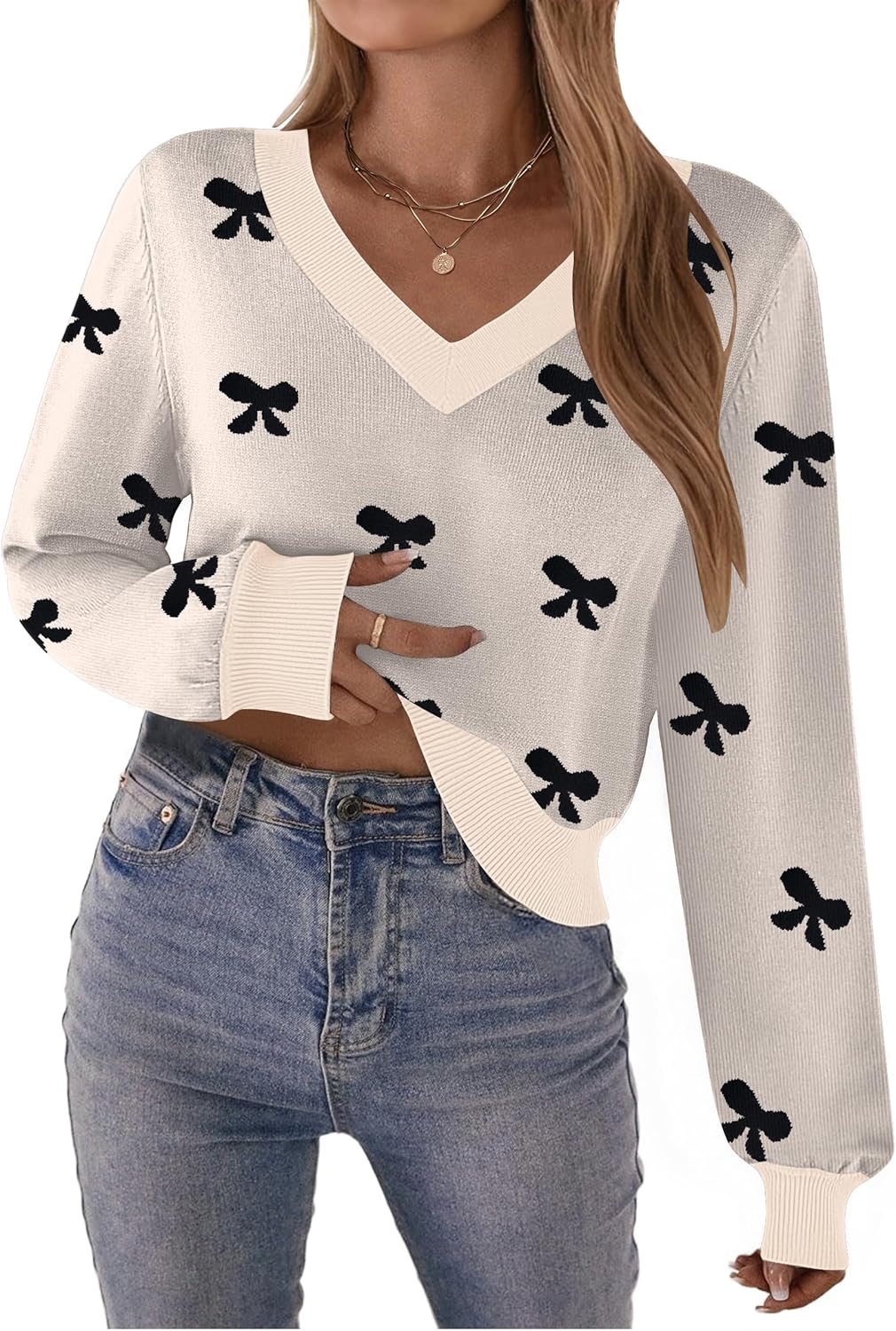 Zeagoo Women's 2025 Fall V-Neck Cropped Sweater Trendy Long Latern Sleeve Ribbed Knit Pullover Crop Tops