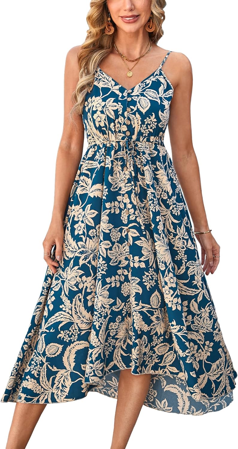 BROVAVE Women's 2025 Summer Casual Boho Sundress Polka Dot Spaghetti Strap V Neck Flowy Midi Dresses