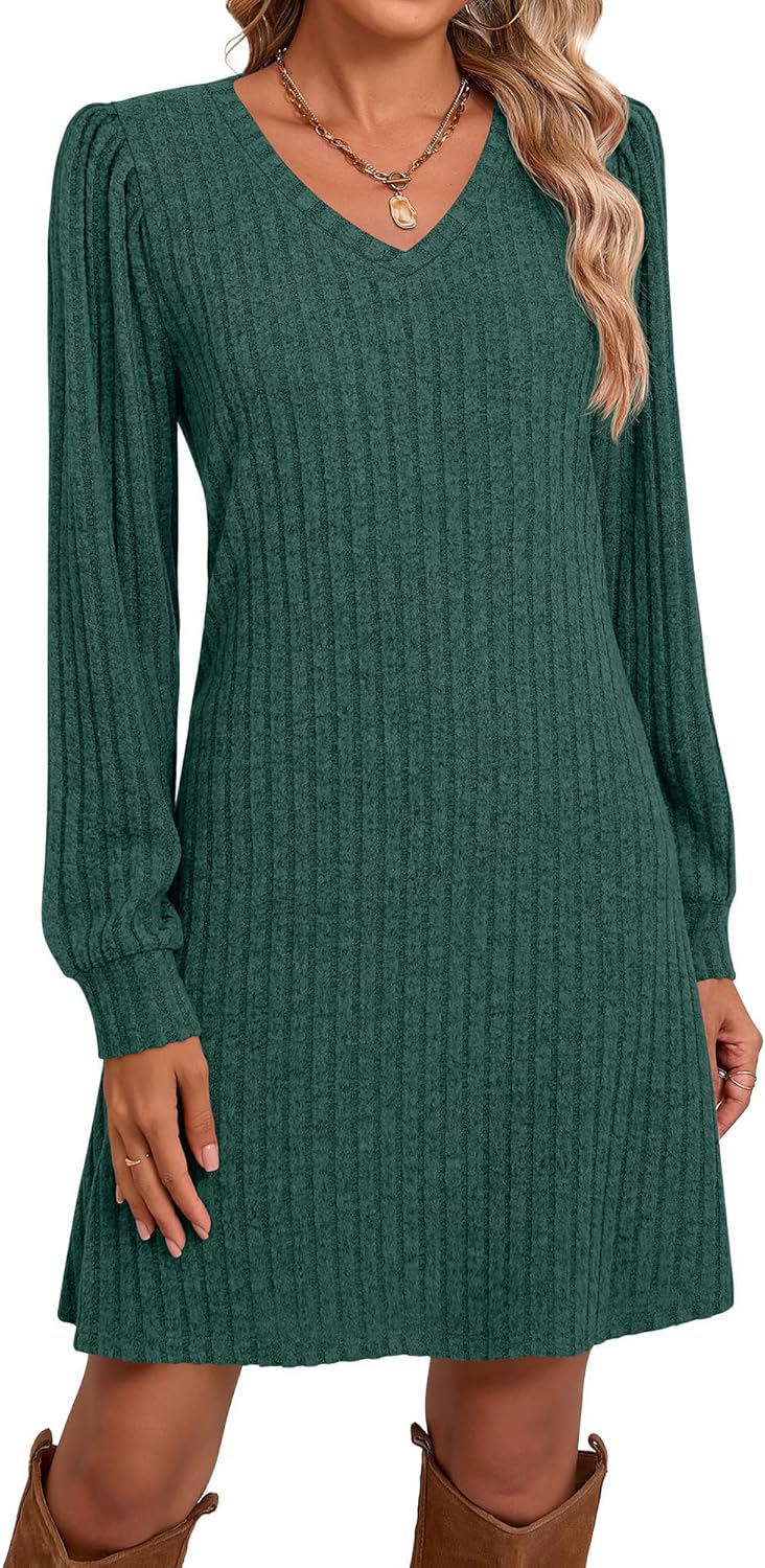 Ficerd Women's Knit Long Sleeve Sweater Dress Casual V Neck Tunic Dresses Fall Trendy Outfits