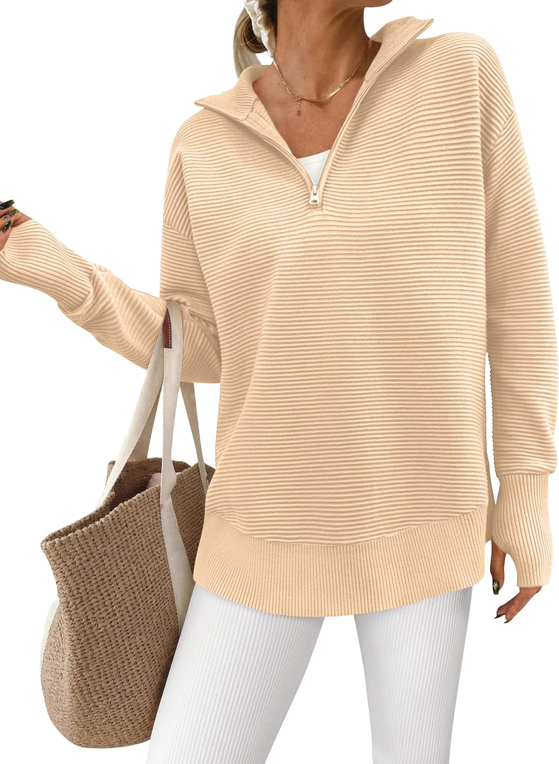 PRETTYGARDEN Womens Long Sleeve Quarter Zip Pullover Sweater Casual Loose V Neck Collared Ribbed Knit Jumper Tops Thumb Hole