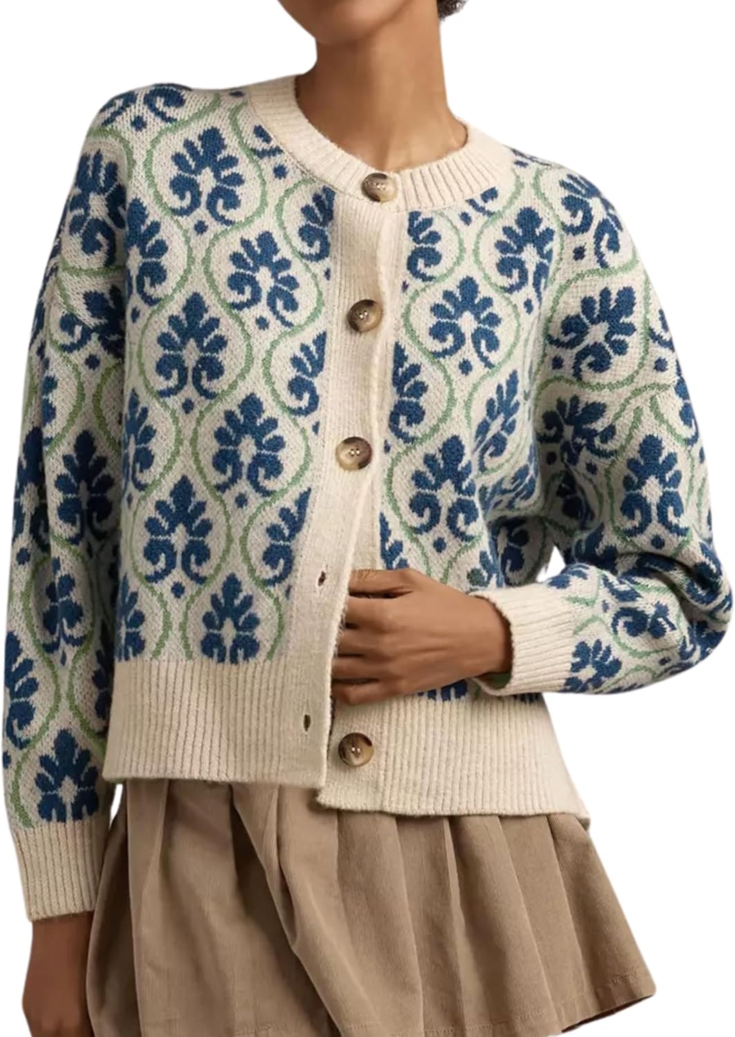 Women Floral Cardigan Sweater Open Front Long Sleeve Button Down Knit Sweater Vintage Outerwear