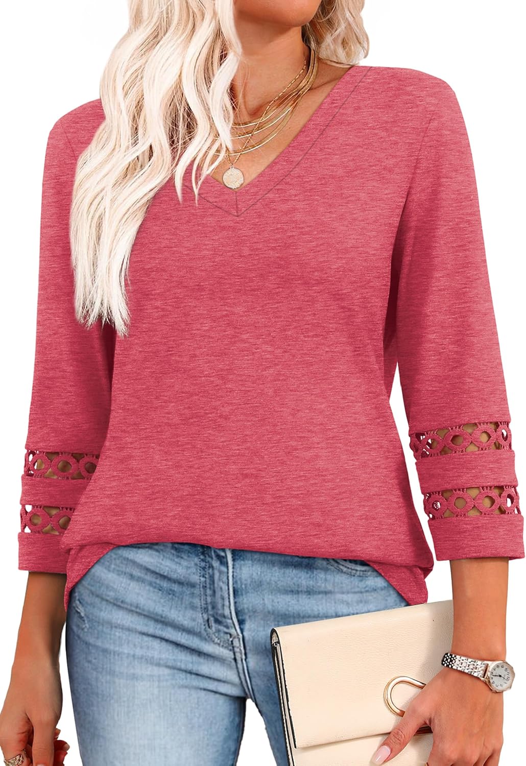 XIEERDUO 3/4 Length Sleeve Womens Tops Dressy Casual Blouses for Women 2025 Trendy V Neck T Shirts Summer Clothes