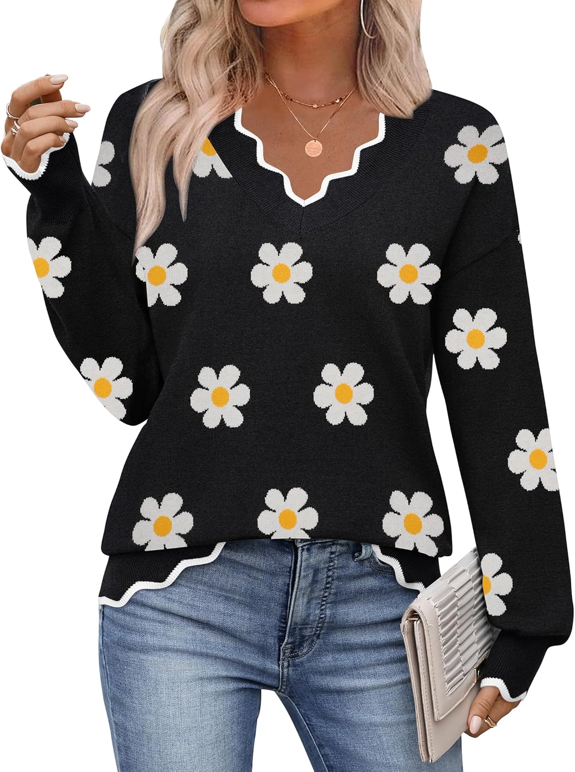 Zeagoo Women's 2025 Fall V Neck Sweater Casual Long Sleeve Lightweight Ribbed Knit Pullover Sweaters Dressy Casual Tops