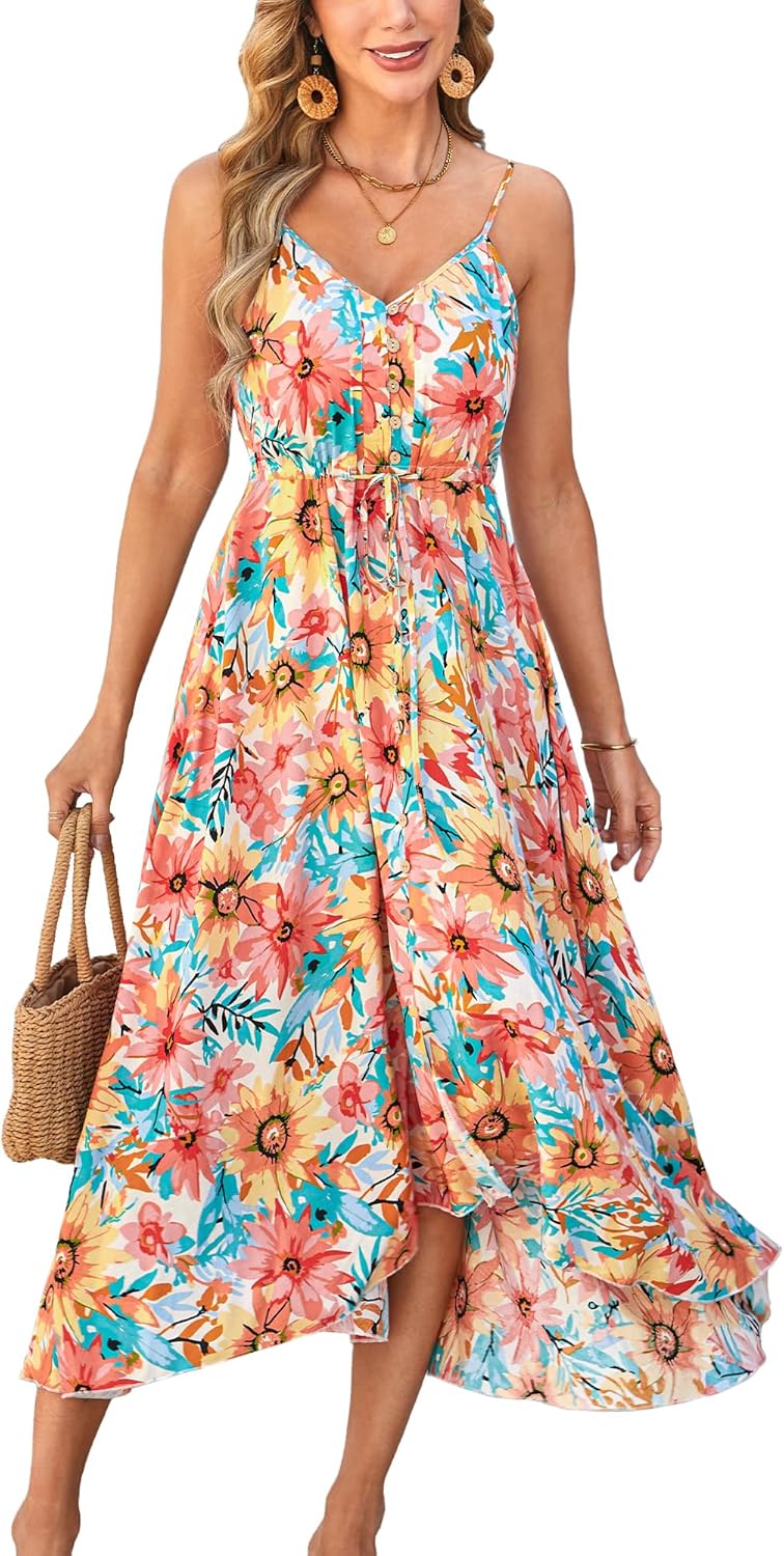 BROVAVE Women's 2025 Summer Casual Boho Sundress Polka Dot Spaghetti Strap V Neck Flowy Midi Dresses