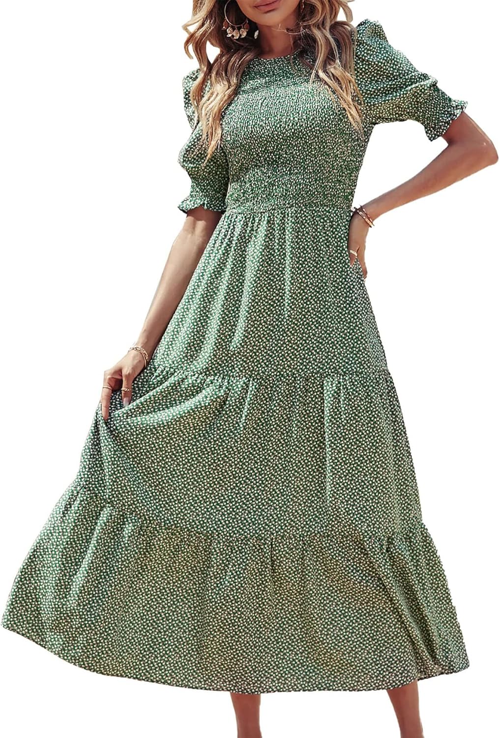 BTFBM Women Casual Summer Dresses 2025 Spring Crew Neck Ruffle Short Sleeve Floral Print Smocked Boho Flowy Maxi Dress