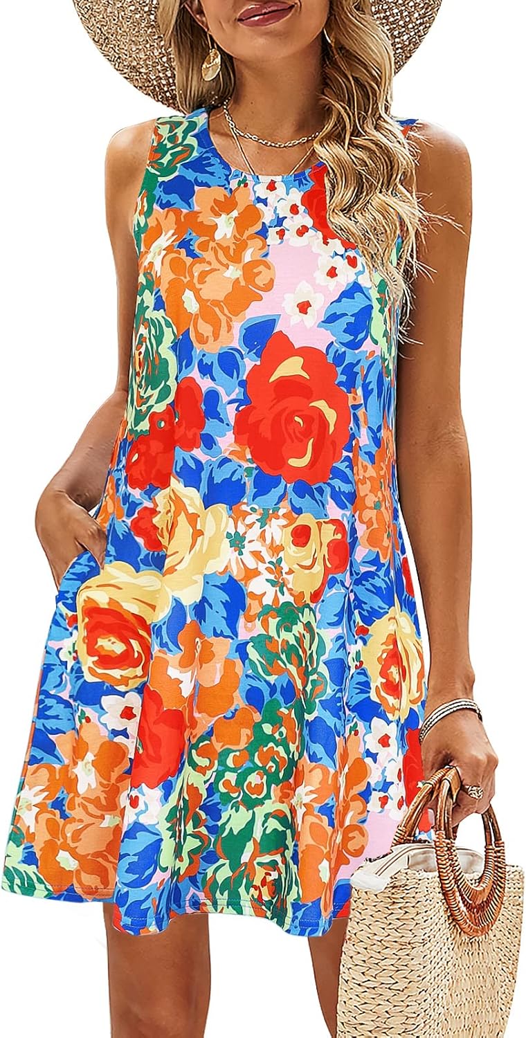 SimpleFun Summer Dresses for Women Beach Floral Tshirt Sundress Casual Pockets Boho Tank Dress
