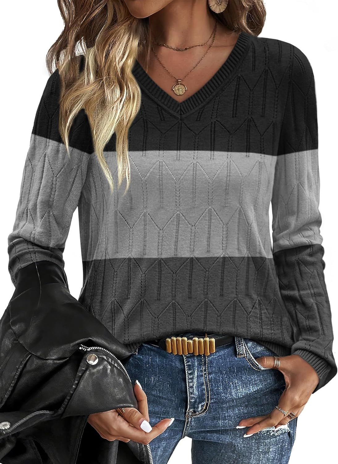 OFEEFAN Womens Sweaters Long Sleeve Shirts Fall Outfits 2025 V Neck Soft Knit Pullover Trendy Tops Dressy Casual Blouses