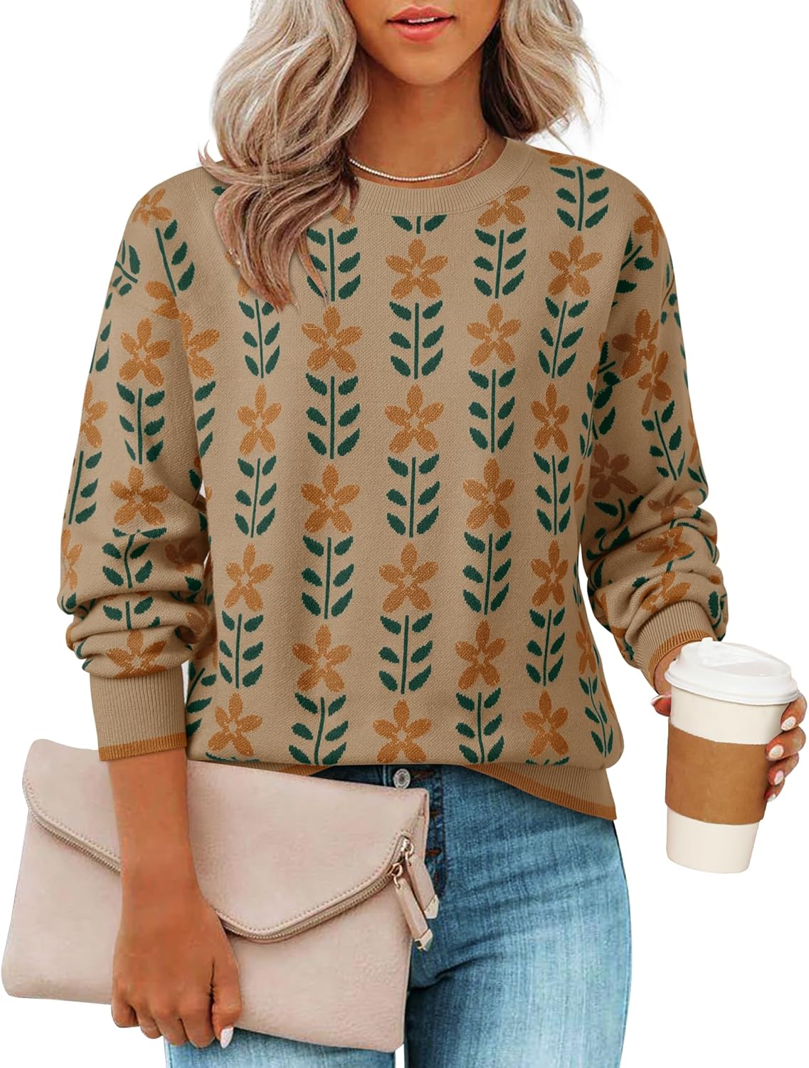 ZESICA Women's Long Sleeve Crewneck Sweater 2025 Fall Printed Cute Oversized Knitted Pullover Tops Trendy Clothes