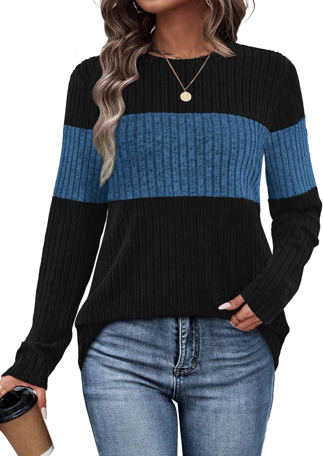 WIHOLL Womens Sweaters Trendy Color Block Tops Long Sleeve Shirts Fall Outfits Early Fall Fashion 2025 Winter Clothing