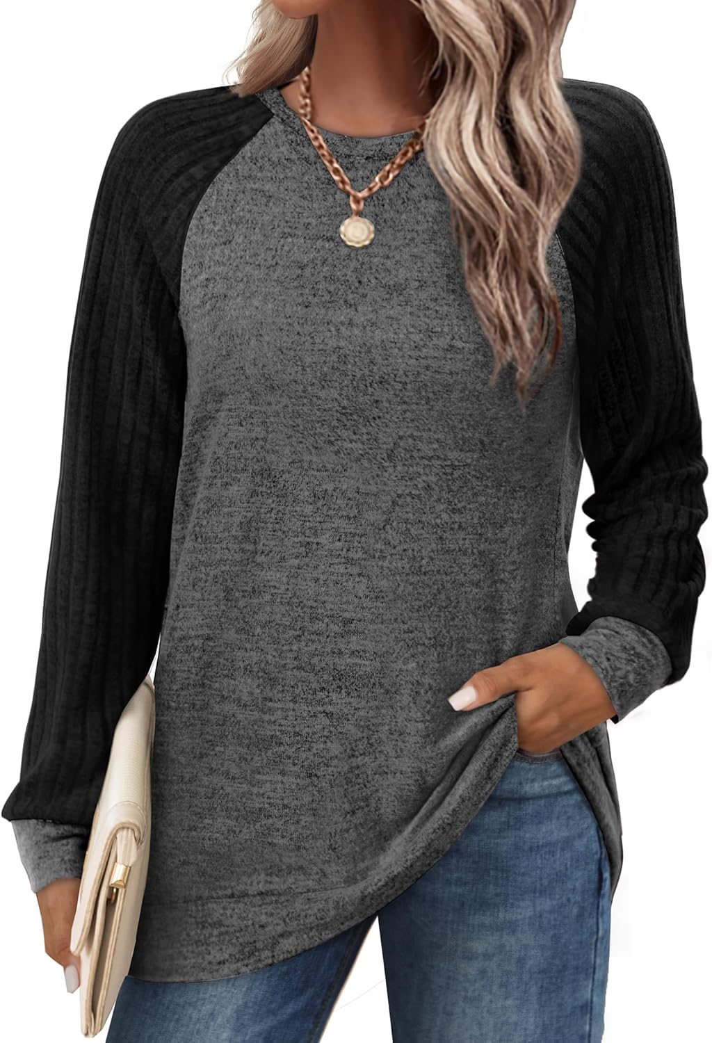 Saloogoe Tunic Sweatshirts for Women Crewneck Lightweight Sweaters Raglan Long Sleeve Shirts Fall Fashion Tops 2025