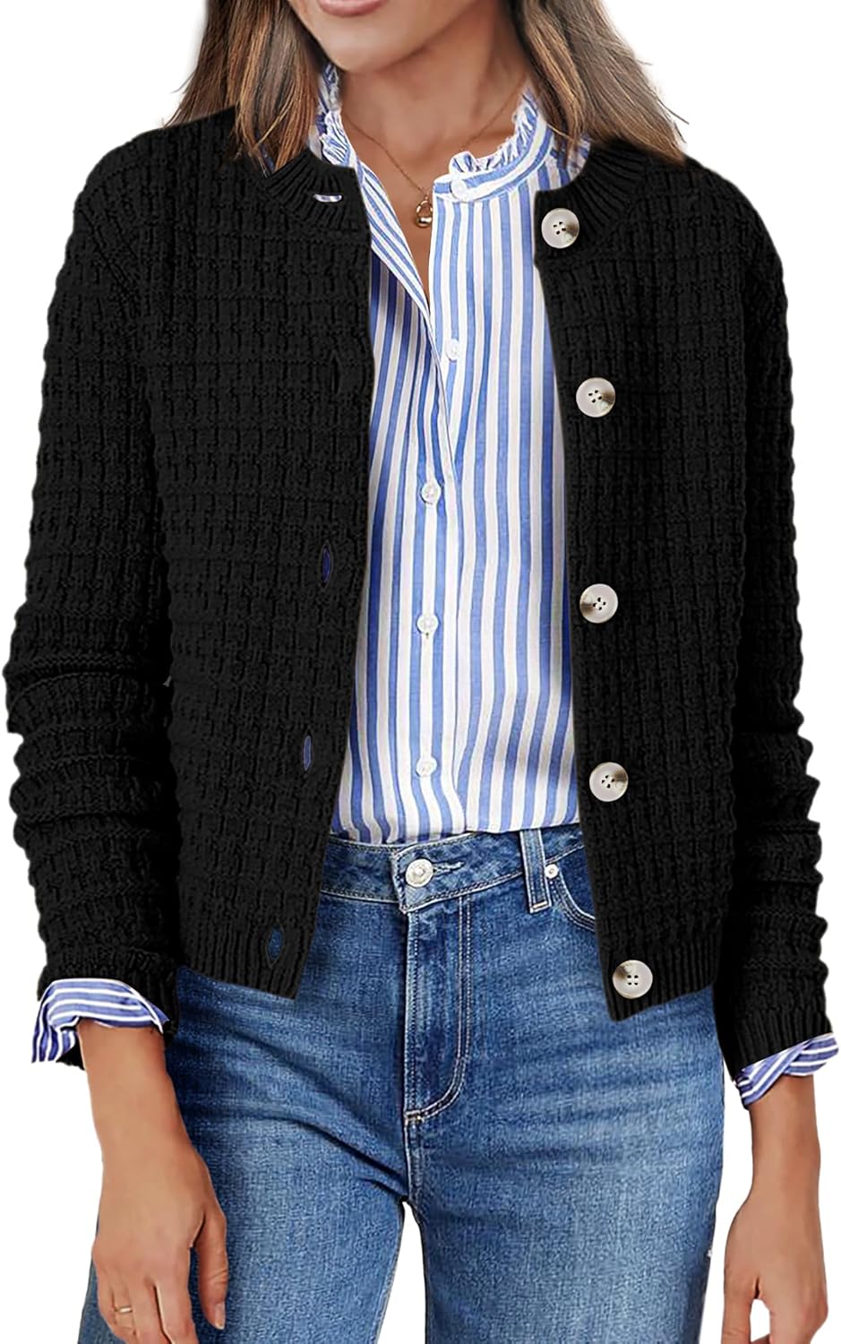 Zeagoo Women's 2025 Cardigan Sweaters Button Down Crew Neck Open Front Long Sleeve Knit Cropped Jackets