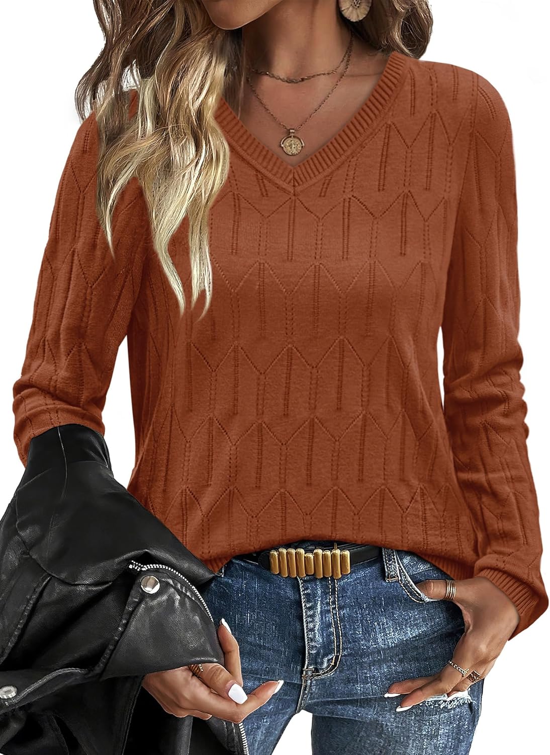 OFEEFAN Womens Sweaters Long Sleeve Shirts Fall Outfits 2025 V Neck Soft Knit Pullover Trendy Tops Dressy Casual Blouses