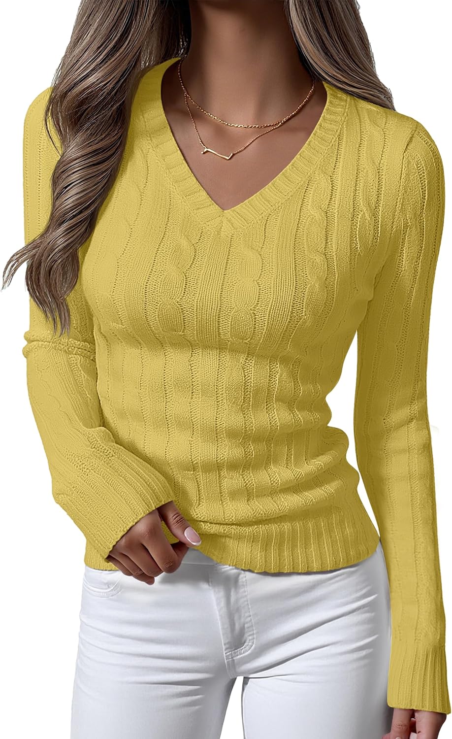 ANRABESS Womens Long Sleeve Cable Knit Sweater 2025 Fall Fashion V Neck Fitted Pullover Top Business Casual Work Fall Outfits