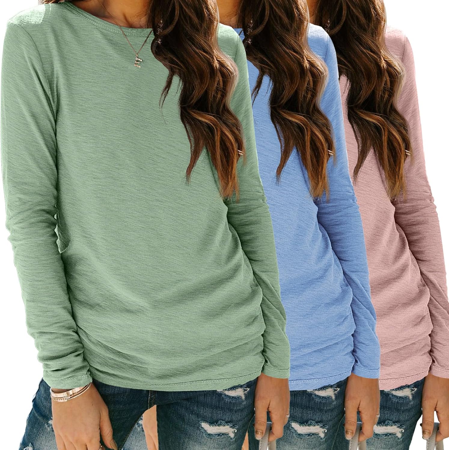 SUNBS Womens 3 Packs Long Sleeve Shirts Loose Fit Fall Tops Fashion Clothes 2025 Basic Workout Tees School Teacher Outfits