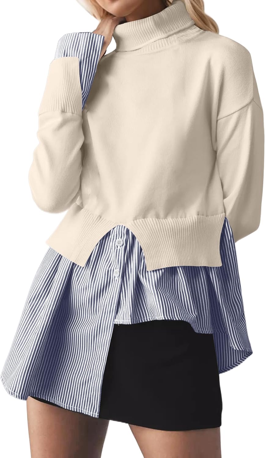 MISSACTIVER Women Slit Turtleneck Patchwork Sweater 2 in 1 Buttons Down Pullover Knit Sweater Asymmetrical Hem Shirt Top