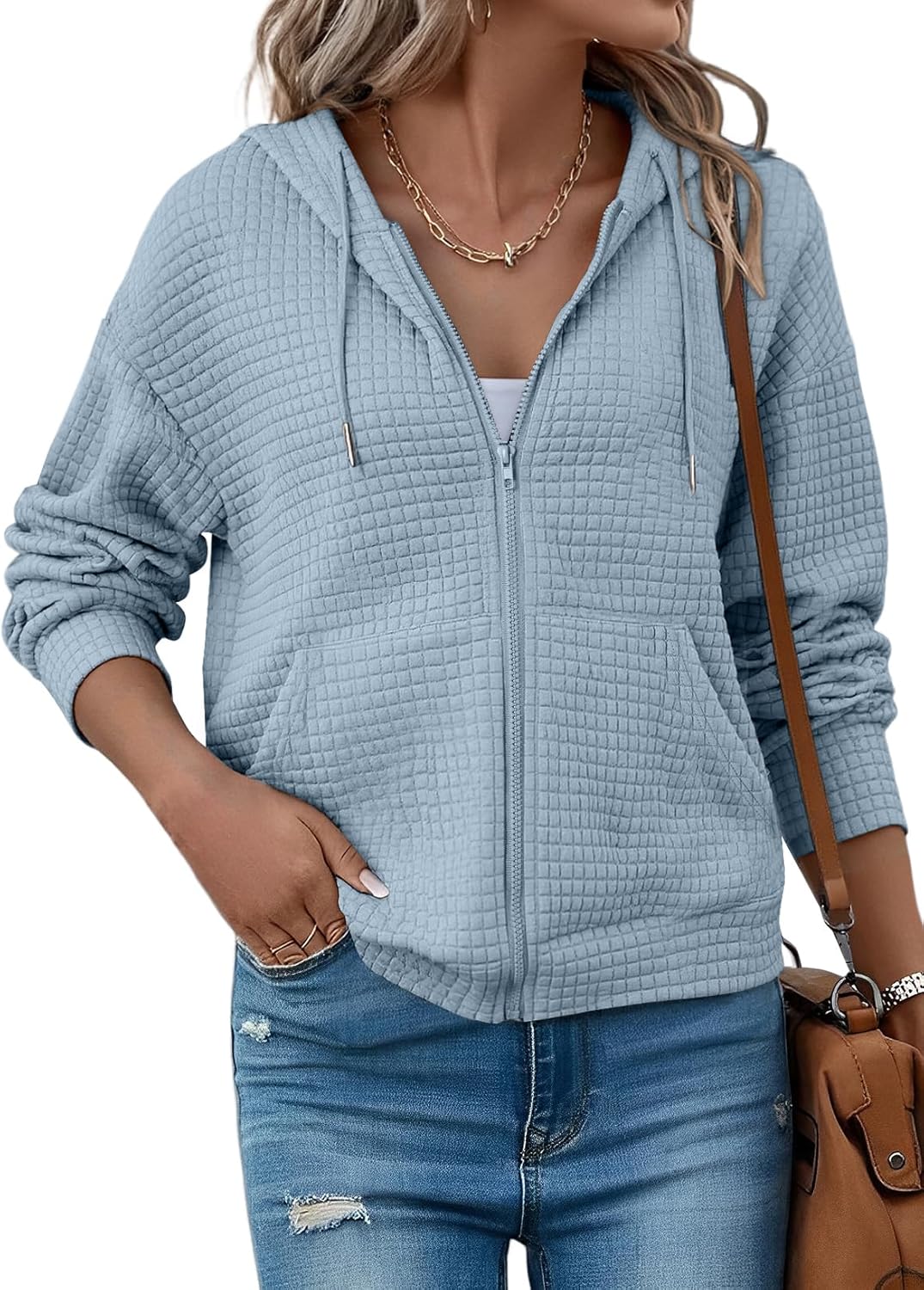 SHEWIN Womens Zip Up Hoodies Oversized Sweatshirt Fall Fashion Outfits 2025 Casual Waffle Hooded Jackets