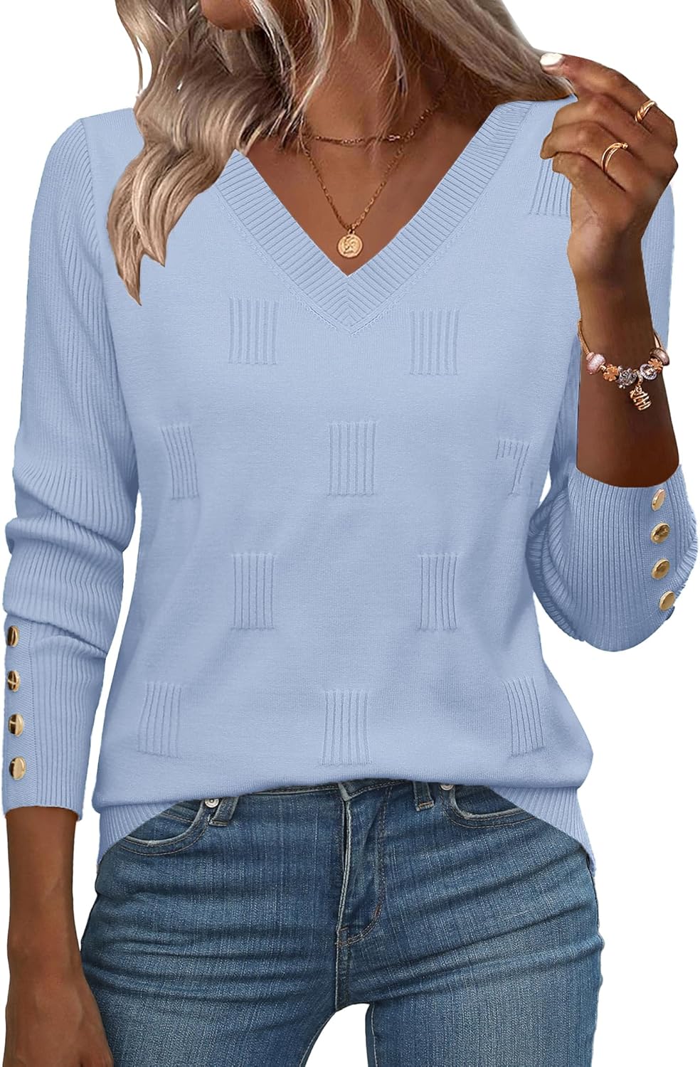 Zeagoo Womens V Neck Sweaters Shirts Long Sleeve Lightweight Ribbed Knit Pullover Sweater Blouse Tops with Buttons Oufits
