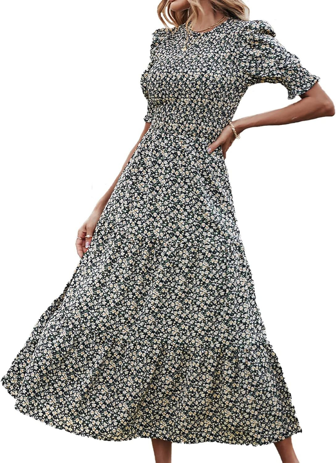 BTFBM Women Casual Summer Dresses 2025 Spring Crew Neck Ruffle Short Sleeve Floral Print Smocked Boho Flowy Maxi Dress