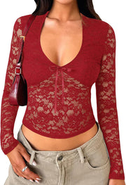 Womens Long Sleeve Going Out Tops Lace V Neck Mesh Crop Shirts Sexy Cute Y2K Fall Trendy Outfits 2025