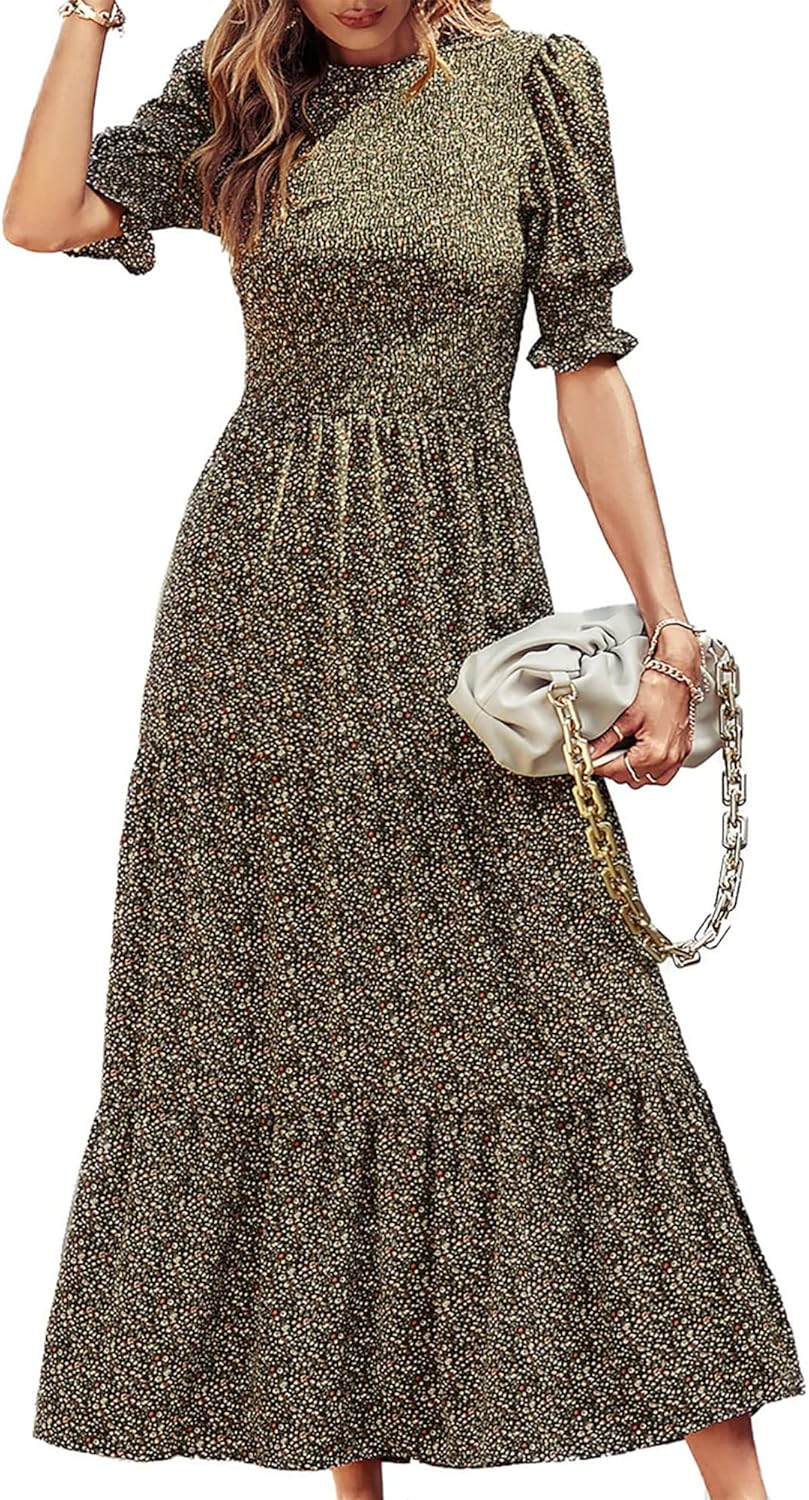 BTFBM Women Casual Summer Dresses 2025 Spring Crew Neck Ruffle Short Sleeve Floral Print Smocked Boho Flowy Maxi Dress