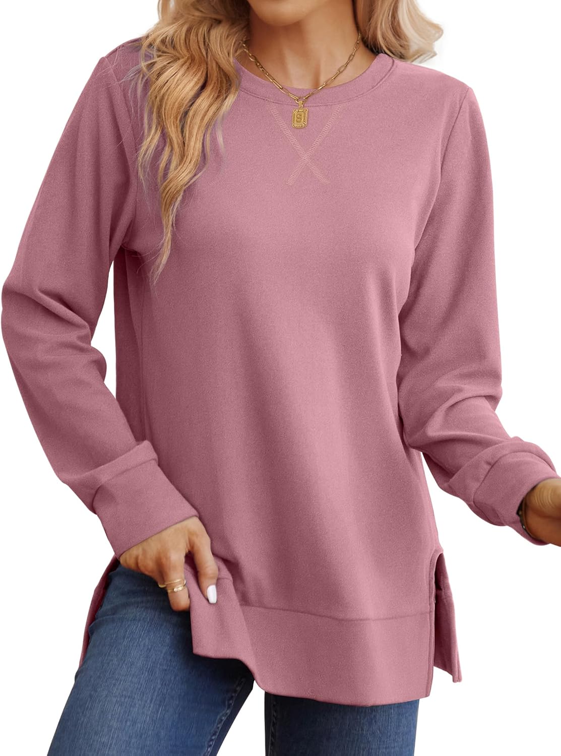 Saloogoe Sweatshirt for women Side Split Fall Fashion 2025 Long Sleeve Shirts Trending Now
