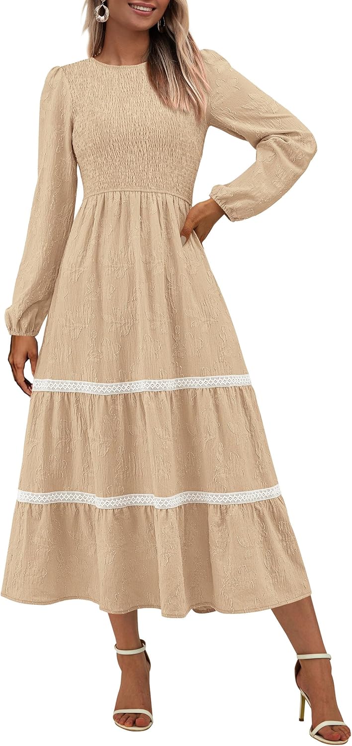 PRETTYGARDEN Long Sleeve Dress for Women 2025 Fall Elegant Modest Floral Boho Smocked Flowy Wedding Guest Midi Dresses