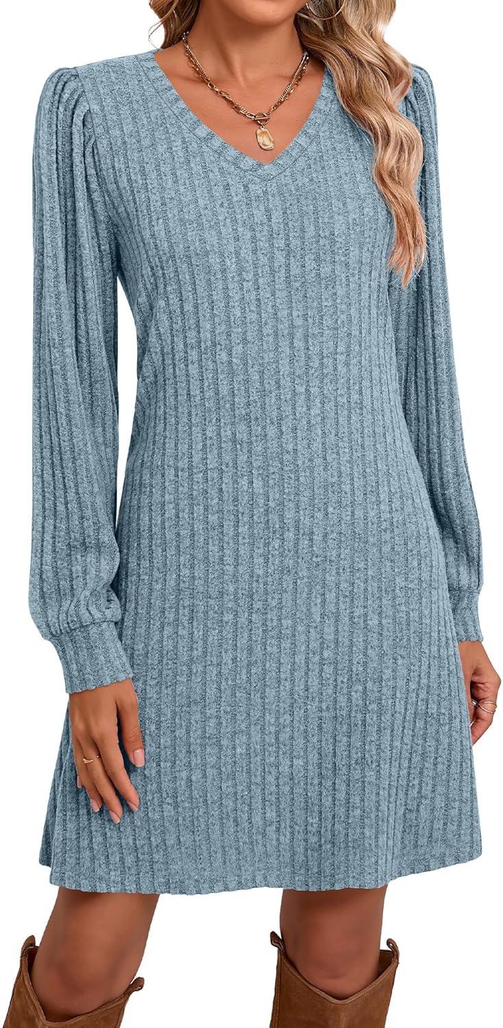 Ficerd Women's Knit Long Sleeve Sweater Dress Casual V Neck Tunic Dresses Fall Trendy Outfits