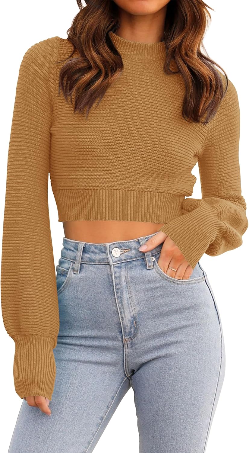 ZESICA Women's Fall Mock Neck Cropped Sweater Long Sleeve Soft Ribbed Knit Pullover Jumper Tops