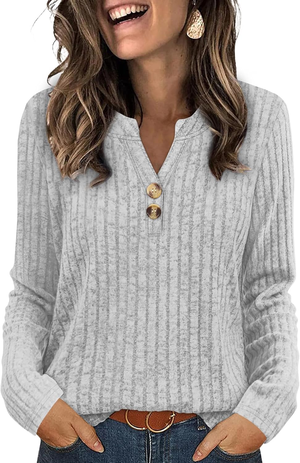SAMPEEL Womens Sweaters Lightweight Long Sleeve Shirts V Neck Tops with Button Fall Outfits 2025