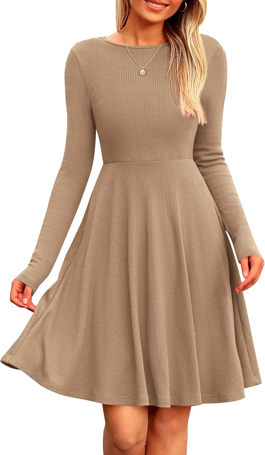 PRETTYGARDEN Women's Fall Short Dress Ribbed Knit Crewneck Long Sleeve A Line Flowy Casual Elegant Going Out Winter Dresses