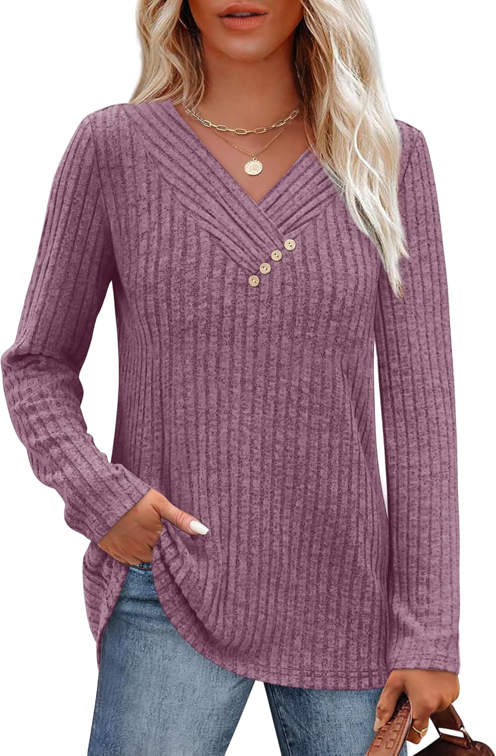 SAMPEEL Sweaters for Women Long Sleeve Shirts V Neck Tops with Buttons Fall Fashion Outfits Winter Clothing 2025