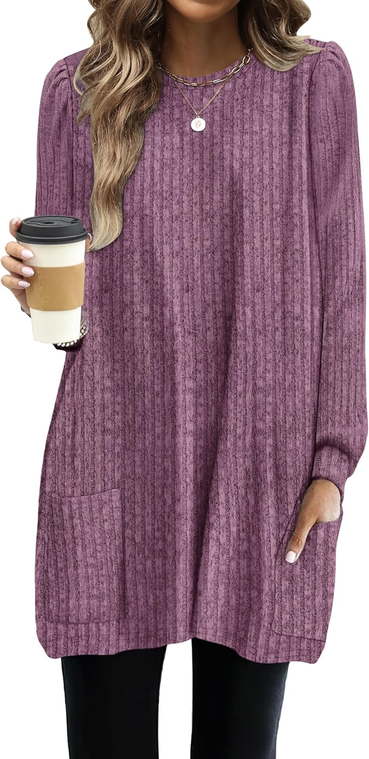 OFEEFAN Long Sleeve Shirts for Women Long Sweaters with Pockets Tunic Tops Loose Fit