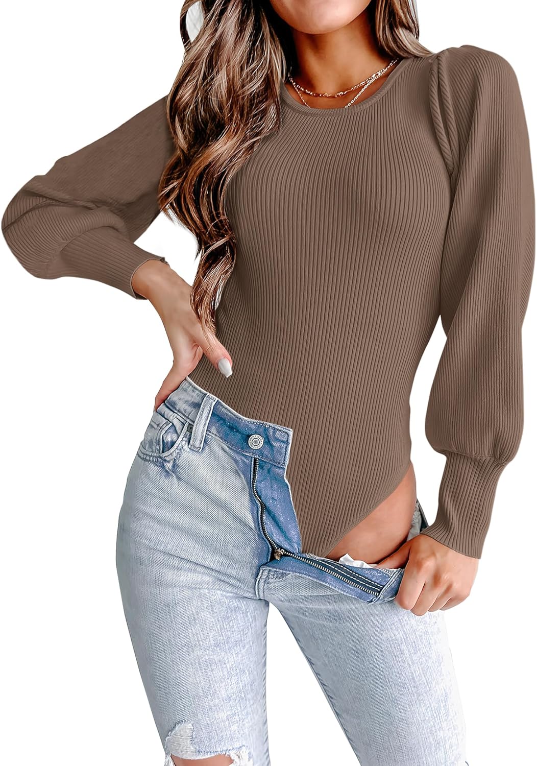MASCOMODA Long Puff Sleeve Sweaters for Women 2025 Fall Winter Crewneck Knit Ribbed Bodysuit Pullover Tops