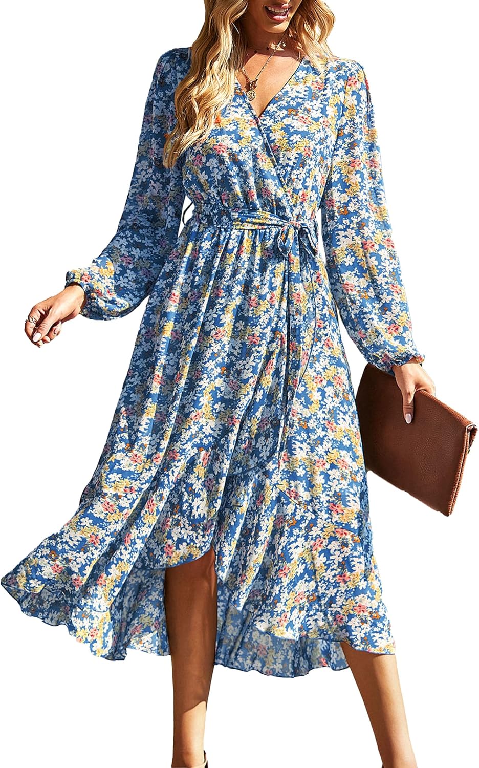PRETTYGARDEN Women's Floral Boho Dress Fall Long Sleeve Wrap V Neck Ruffle Flowy Maxi Spring Wedding Guest Vacation Dresses