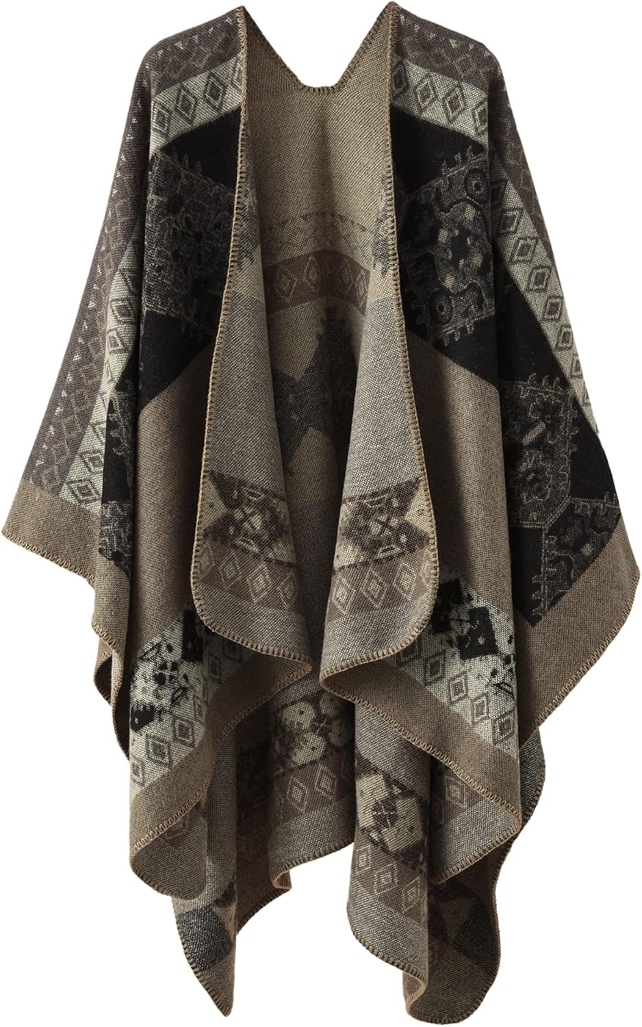 Bestshe Women's Boho Open Front Poncho Knitted Plaid Shawl Wrap Cape Tassel Cardigan Sweater