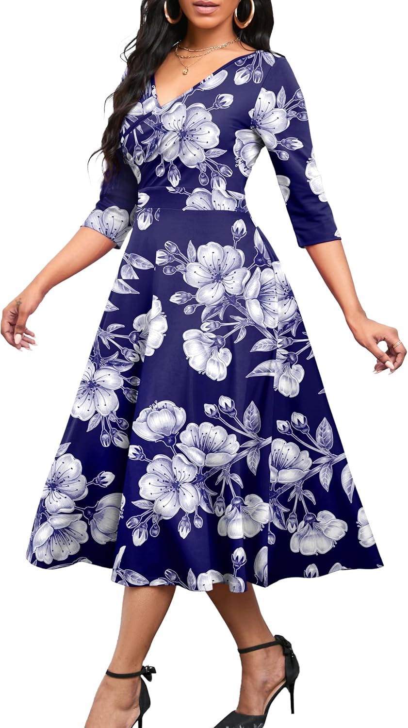 Nmoder Women's Casual Wrap Flared Midi Dress Wedding Guest Cocktail Tea Dresses A-Line Swing V-Neck 3/4 Sleeve