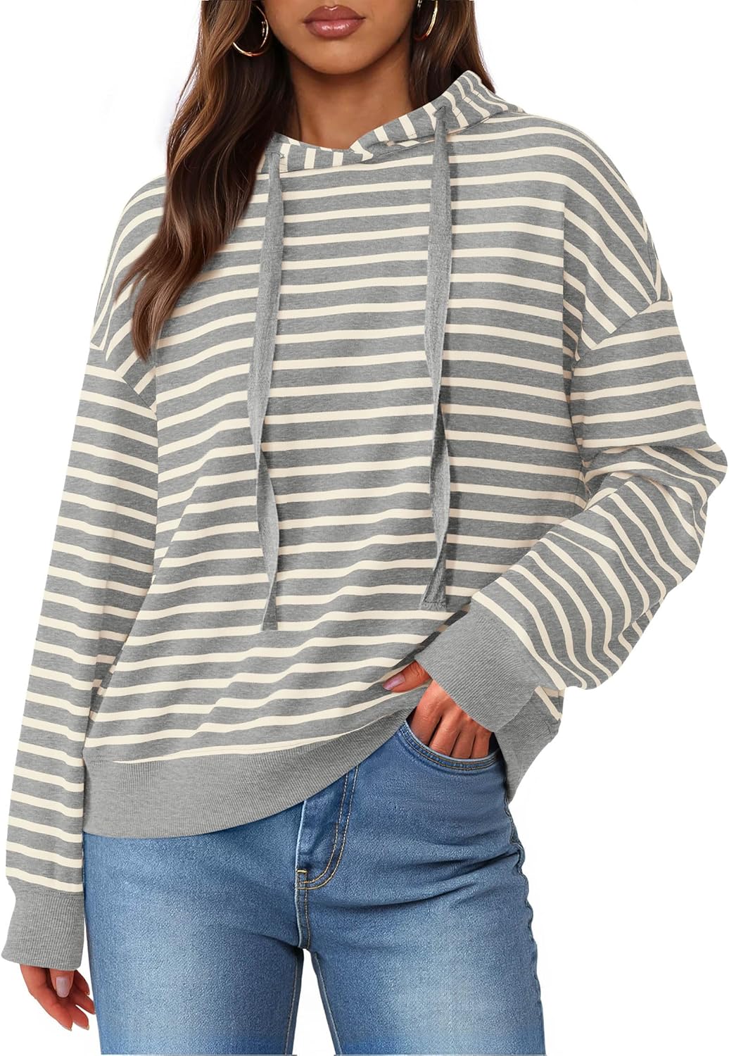 KIRUNDO Womens Hoodies Long Sleeve Striped Drawstring Sweatshirt Loose Fit Hooded Pullover Tops Fall Winter Clothing