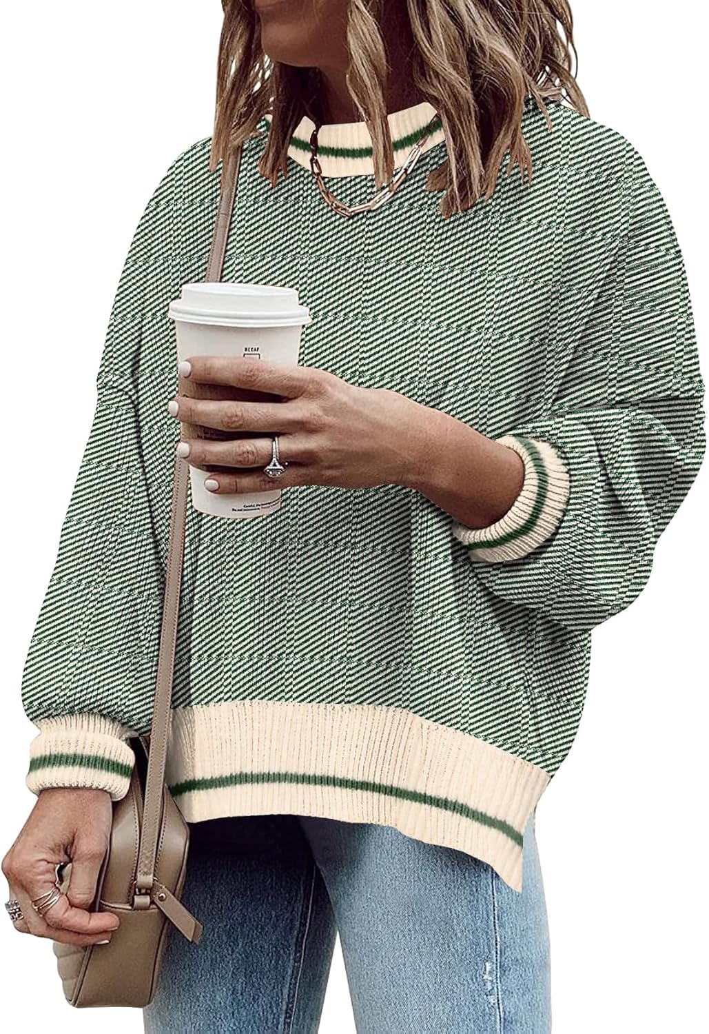Women's Oversized Crewneck Sweaters Batwing Long Sleeve Side Slit Ribbed Knit Pullover Sweater Tops