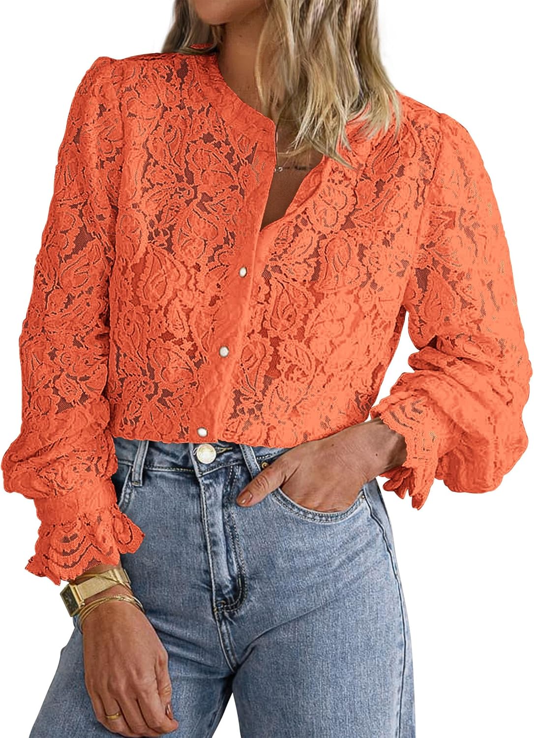 PRETTYGARDEN Women's Dressy Casual Lace Blouse Long Sleeve Button Up Shirts Tops Spring Fall Fashion Clothes