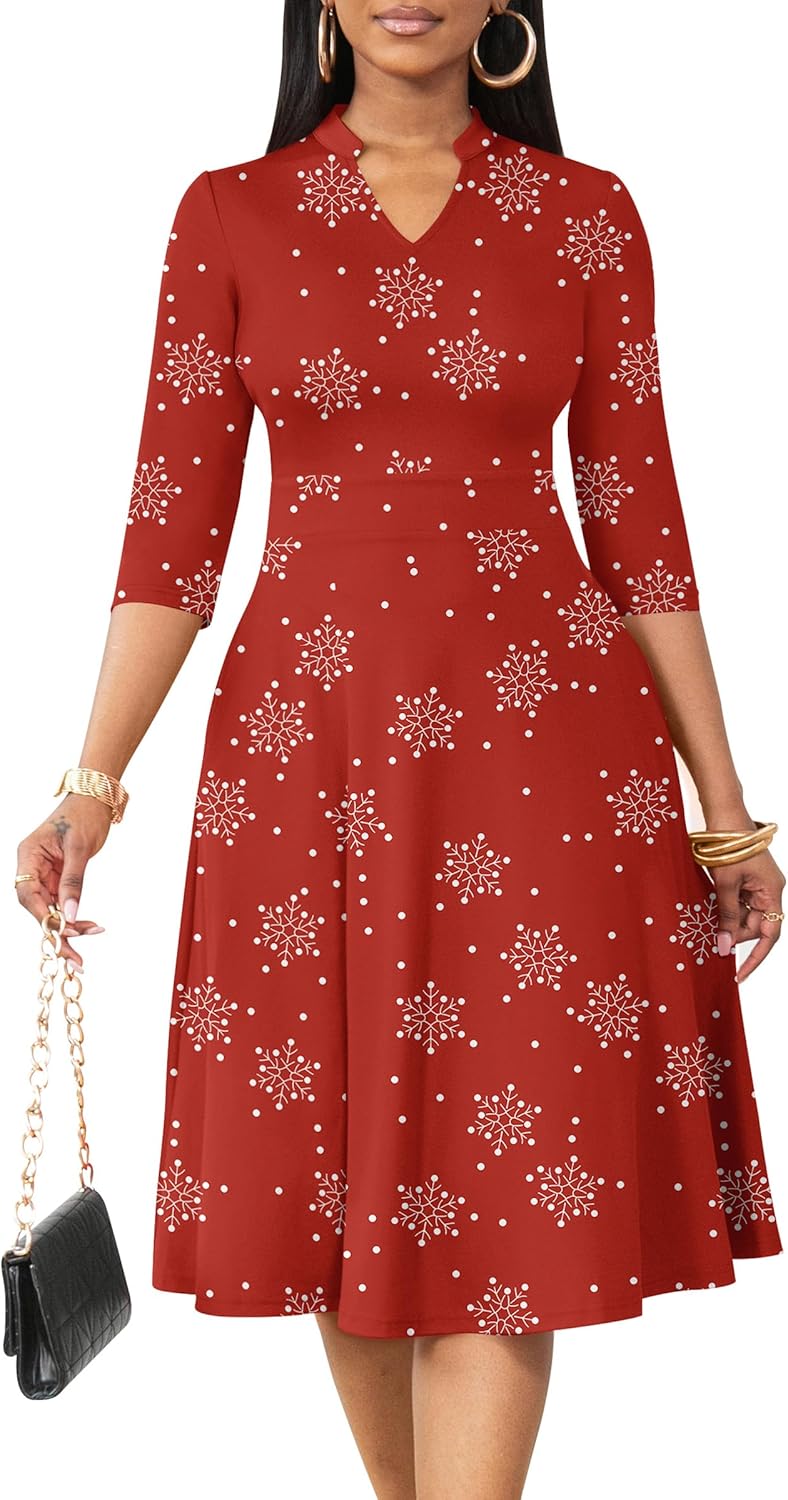 Nmoder Casual Dresses for Women Semi Formal Fit and Flare 3/4 Sleeve A-line Church Work Dress with Pockets