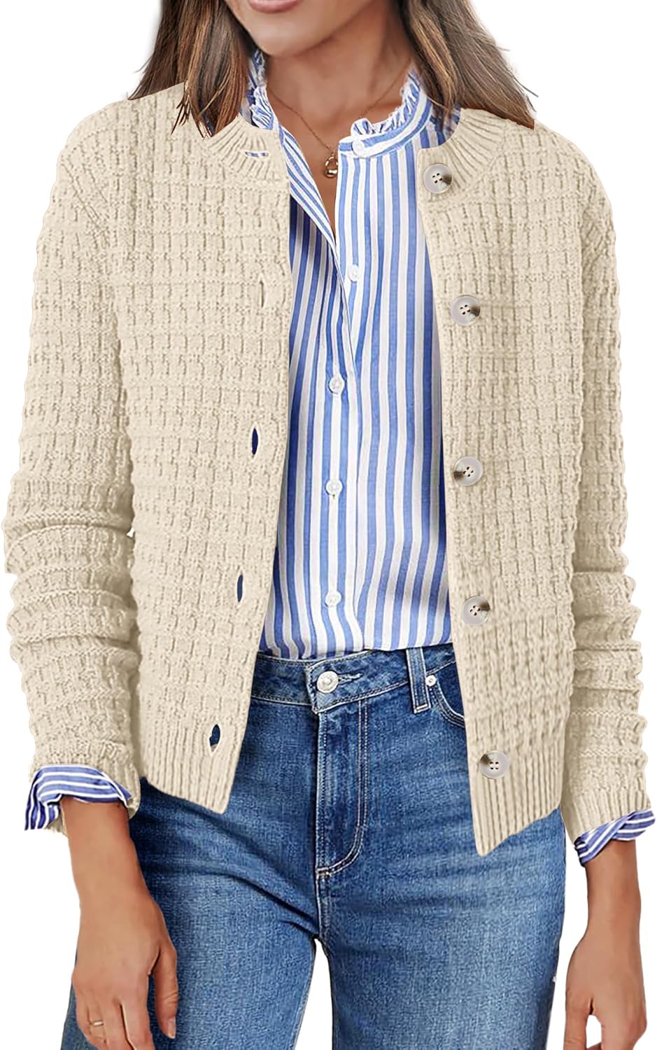 Zeagoo Women's 2025 Cardigan Sweaters Button Down Crew Neck Open Front Long Sleeve Knit Cropped Jackets