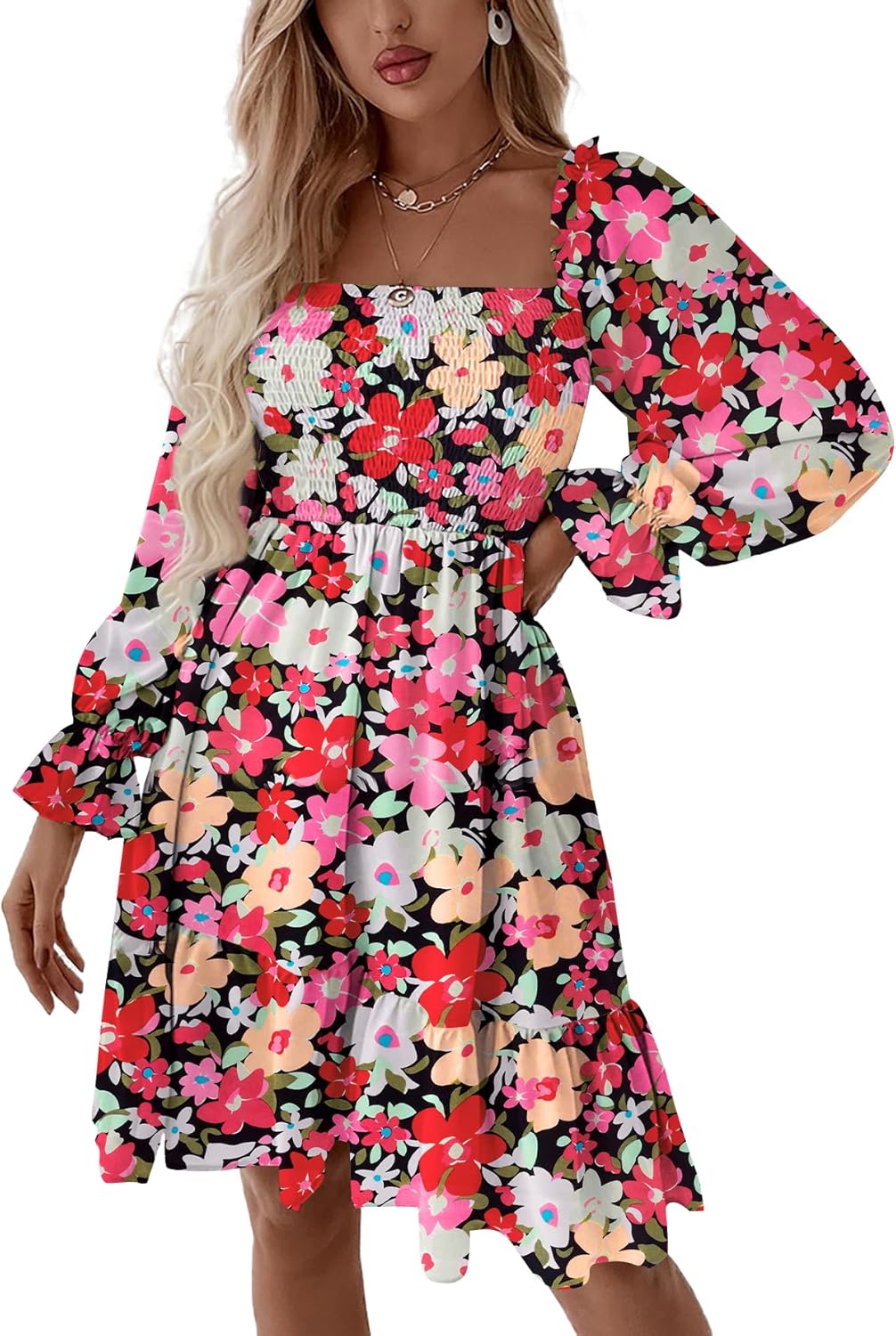 LYANER Women's Square Neck Lantern Long Sleeve Ruffle Shirred Flowy Party Mini Dress