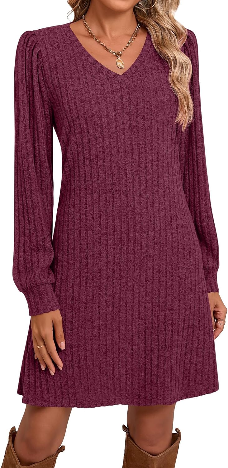 Ficerd Women's Knit Long Sleeve Sweater Dress Casual V Neck Tunic Dresses Fall Trendy Outfits
