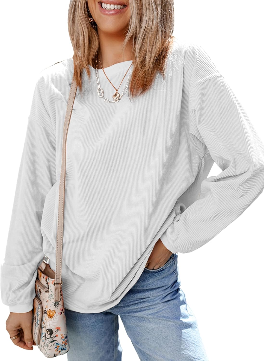 SELINK Womens Crewneck Oversized Corduroy Corded Sweatshirt Long Sleeve Casual Pullover Tops