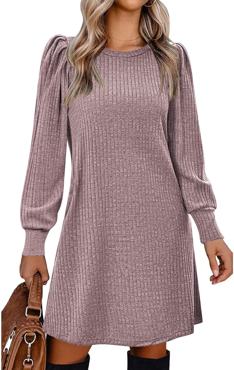 Zeagoo Women's Knit Dress with Puff Sleeves for Fall & Winter - Round Neck Casual Tunic Dress
