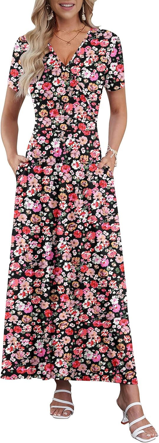 AUSELILY Maxi Dresses for Women Ankle Length Floral Print Beach Long Flowy Dress with Pockets