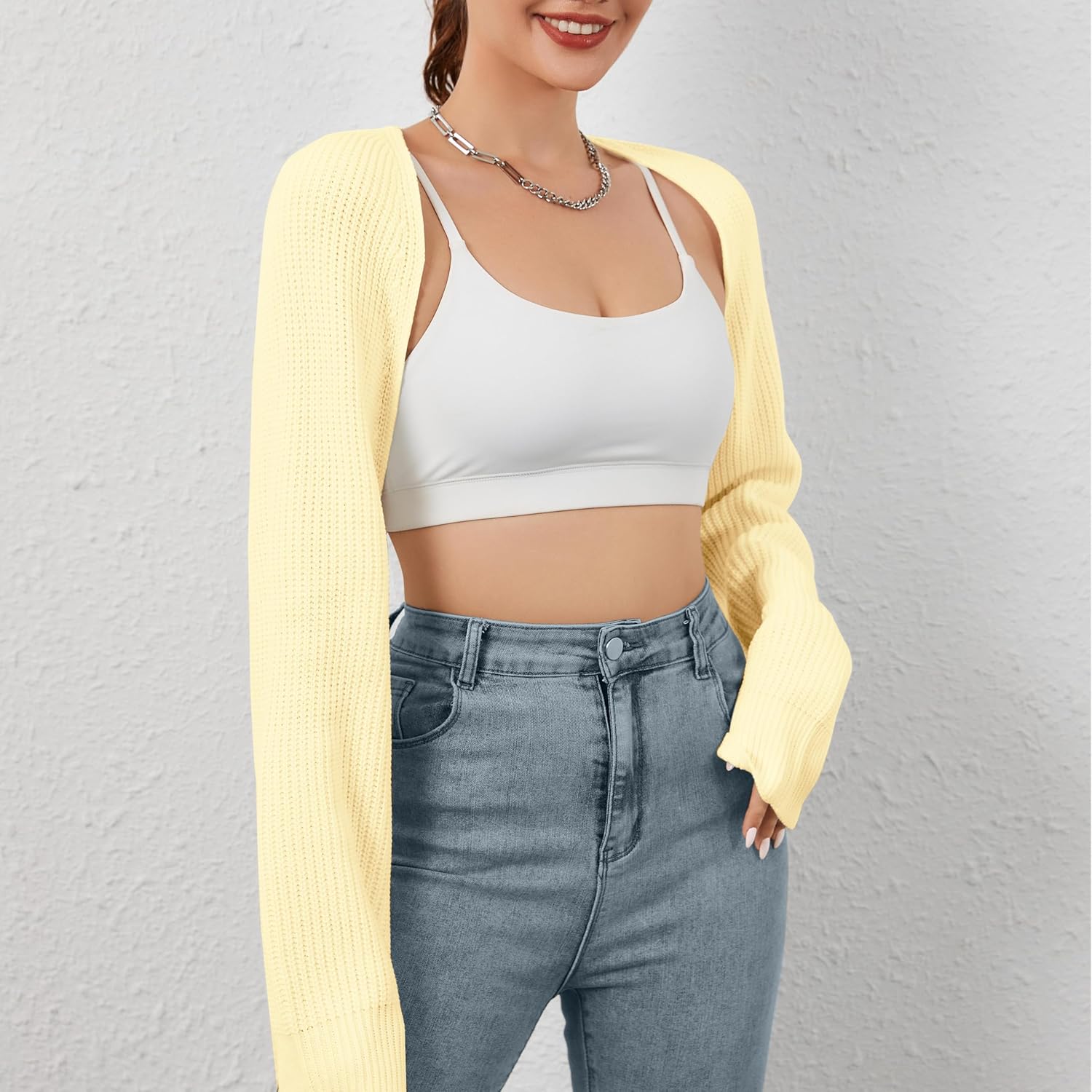 Women Open Front Ribbed Knit Crop Bolero Drop Shoulder Long Sleeve Solid Loose Fit Knitted Crop Cardigan Shrug