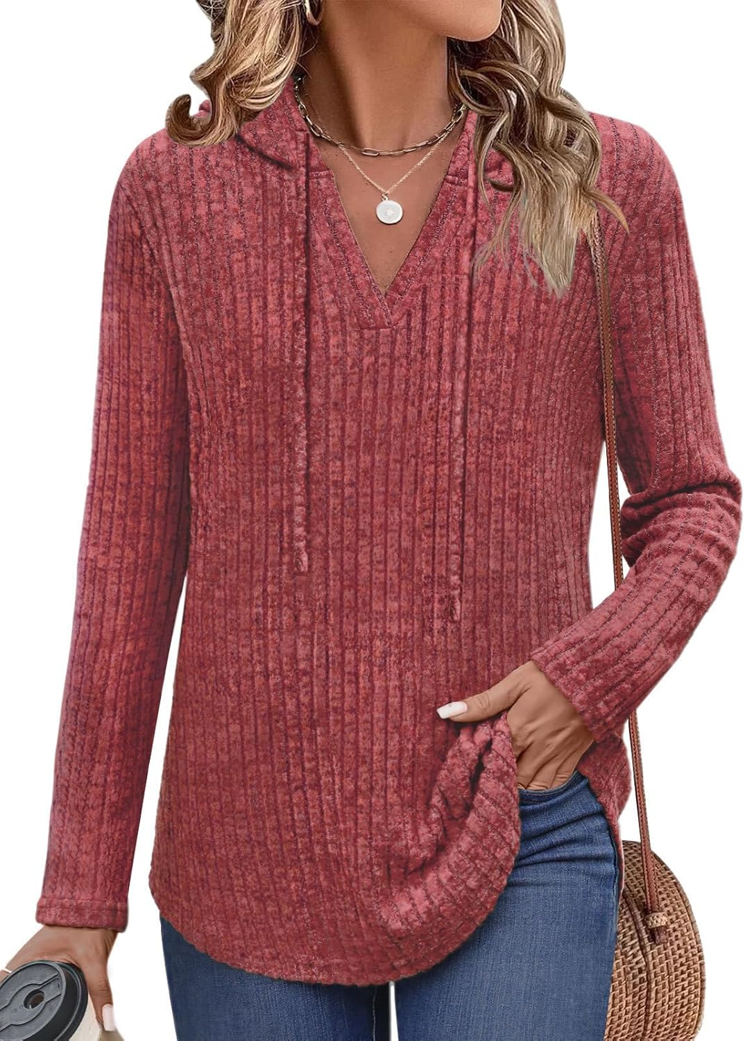 Lylinan Womens Long Sleeve Knit Hoodies V Neck Pullover Tops Ribbed Sweaters Fall Fashion Clothes S-XXL